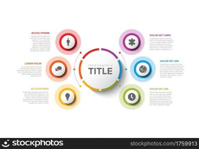 Vector multipurpose Infographic template with title and six elements options around big circle. Multipurpose Infochart with modern colors. Infographic with colorful circles and white background. Multipurpose Infographic template with six elements around big button
