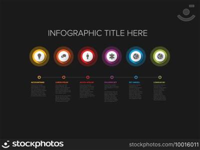 Vector multipurpose simple light progress timeline steps template with descriptions, icons and circles - universal infochart layout, dark version. Six circle steps timeline process infographic