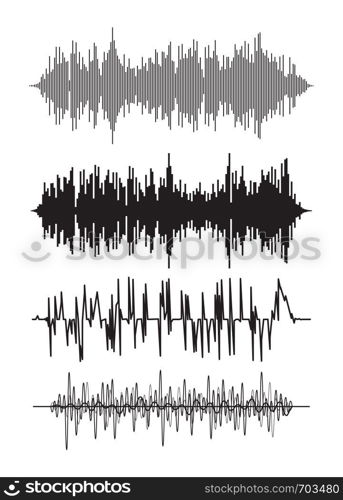 vector music background of audio sound waves pulse, equalizer voice frequency, black and white set