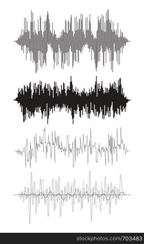 vector music background of audio sound waves pulse, equalizer voice frequency, black and white set