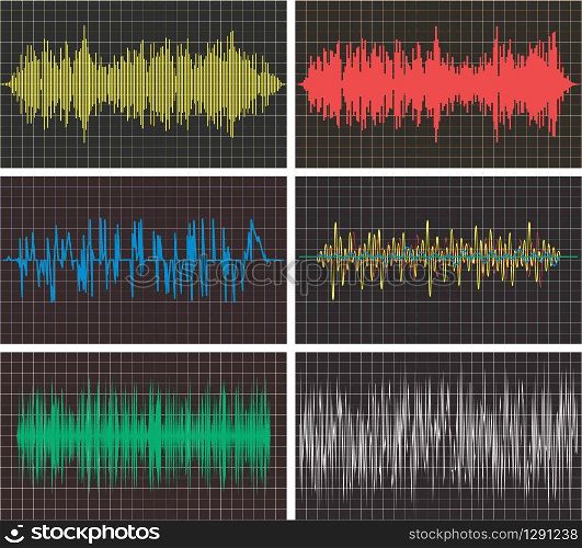 vector music backgrounds of audio sound waves pulse, equalizer voice frequency, black and white set