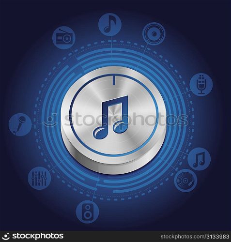 Vector music concept with metal button and icons