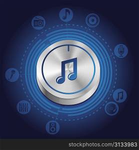 Vector music concept with metal button and icons