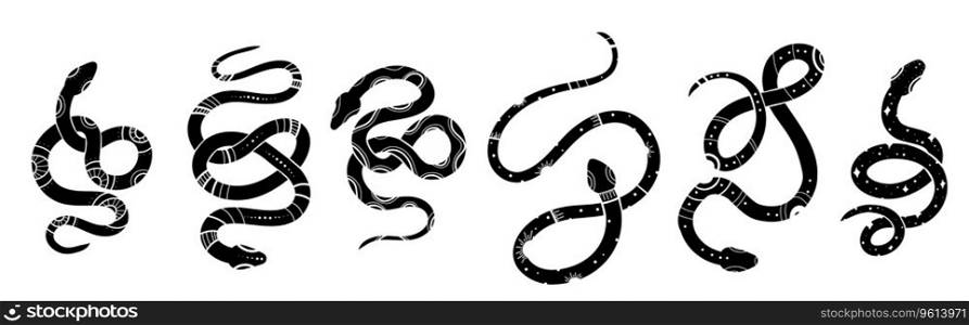 Vector mystery set of black silhouettes of snakes in various poses. Collection of celestial monochrome cobras and boas isolated from background. Animal clipart for sublimation, stickers and icons. Vector mystery set of black silhouettes of snakes in various poses. Collection of celestial monochrome cobras and boas