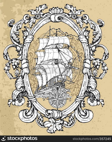 Vector nautical illustration, historical adventure concept, t-shirt graphic design element