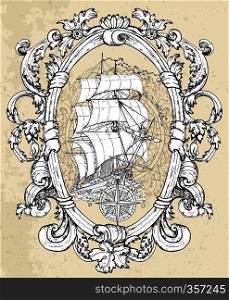 Vector nautical illustration, historical adventure concept, t-shirt graphic design element