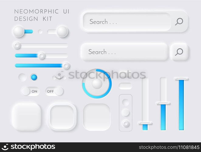 Vector neomorphic UI kit. Interface design elements te&late. Sidebars, sliders, switch buttons, toggle off buttons and navigation elements for web, mobile applicatioms. Ux layout.. Vector Ux, ui kit. Interface buttons, sliders set.