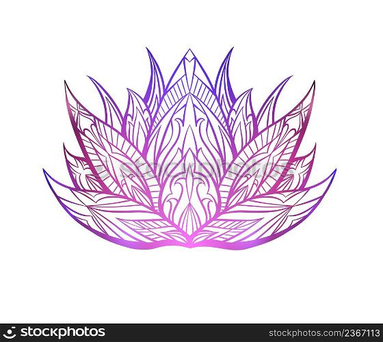 Vector neon boho lotus with ornate decorations isolated from background. Delicate water flower with tribal ornament. Natural psychedelic sacred symbol for spa and yoga logo. Contour lily for icon. Vector neon boho lotus with ornate decorations isolated from background. Delicate water flower with tribal ornament.