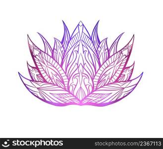 Vector neon boho lotus with ornate decorations isolated from background. Delicate water flower with tribal ornament. Natural psychedelic sacred symbol for spa and yoga logo. Contour lily for icon. Vector neon boho lotus with ornate decorations isolated from background. Delicate water flower with tribal ornament.