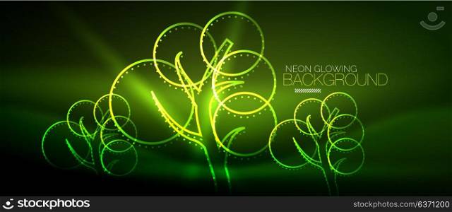 Vector neon glowing tree background. Vector green neon glowing tree, nature environmental background
