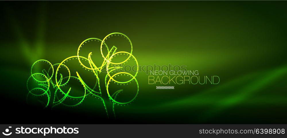 Vector neon glowing tree background. Vector green neon glowing tree, nature environmental background