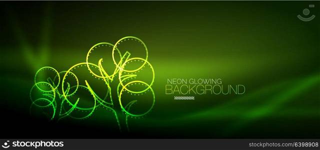 Vector neon glowing tree background. Vector green neon glowing tree, nature environmental background
