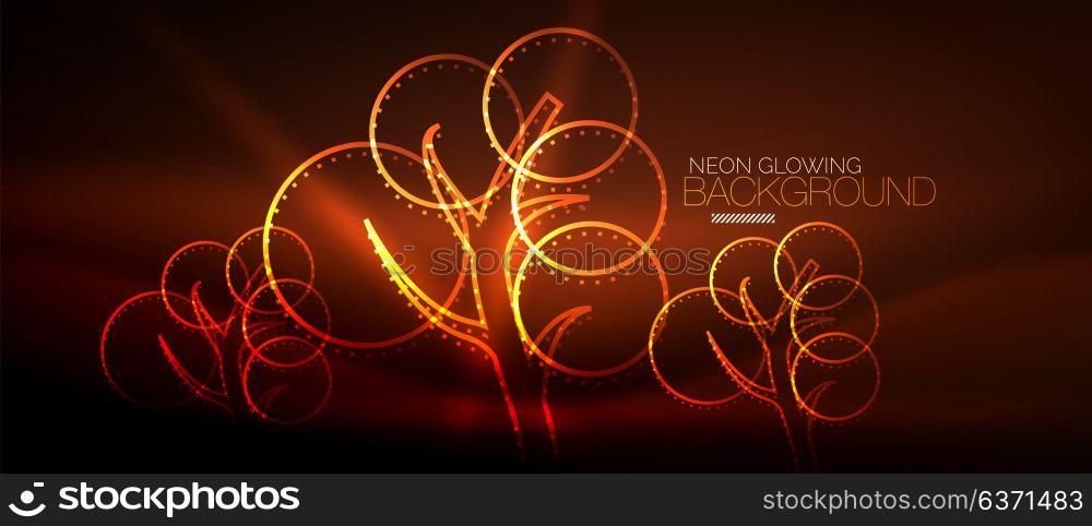 Vector neon glowing tree background. Vector orange neon glowing tree, nature environmental background
