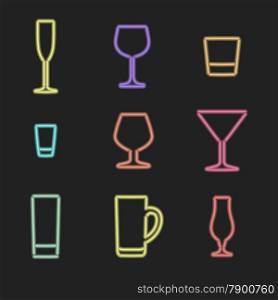 vector neon light sign various color alcohol glasses icons on dark background&#xA;