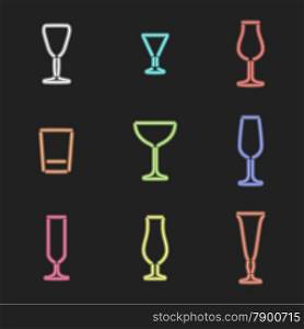vector neon light sign various colors alcohol glasses set dark background&#xA;