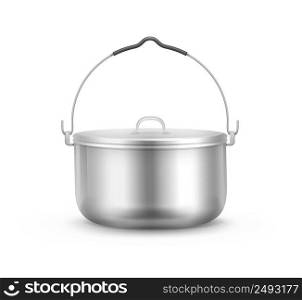 Vector new shiny steel camping pot with lid and handle side view isolated on white background. Vector Camping pot
