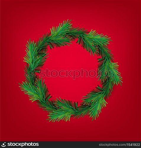 Vector new year and Christmas wreath mesh. Traditional winter evergreen green branches, isolated on red background. For greeting card. Happy xmas retro holiday design.. Vector new year and Christmas wreath mesh. Traditional winter evergreen green branches, isolated on red background. For greeting card. Happy xmas retro holiday design