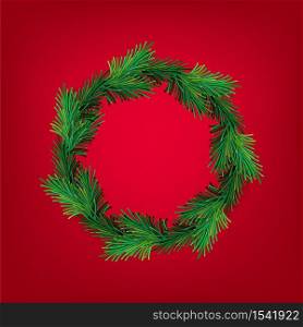 Vector new year and Christmas wreath mesh. Traditional winter evergreen green branches, isolated on red background. For greeting card. Happy xmas retro holiday design.. Vector new year and Christmas wreath mesh. Traditional winter evergreen green branches, isolated on red background. For greeting card. Happy xmas retro holiday design