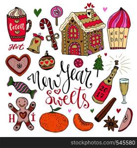 Vector New Year Sweets set. Christmas hand drawn bright collection with cocoa, gingerbread house and champagne. Vector New Year Sweets set. Christmas hand drawn bright collection with cocoa, gingerbread house