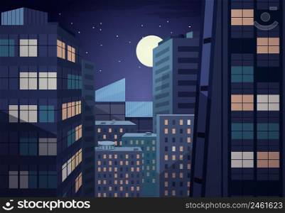 Vector night cityscape. Urban design, business office, moon and sky. Vector night cityscape