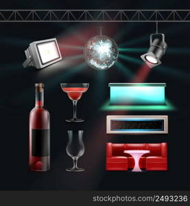 Vector night club set disco ball, bar counters, cocktail glass, bottle of wine, ceiling and floor spotlights. Night club set