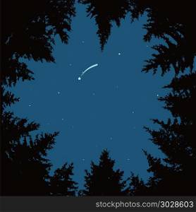vector night sky with stars and dark forest trees. vector background of blue night sky with stars, comet or falling star and dark forest trees. circle of black pine trees forming copyspace