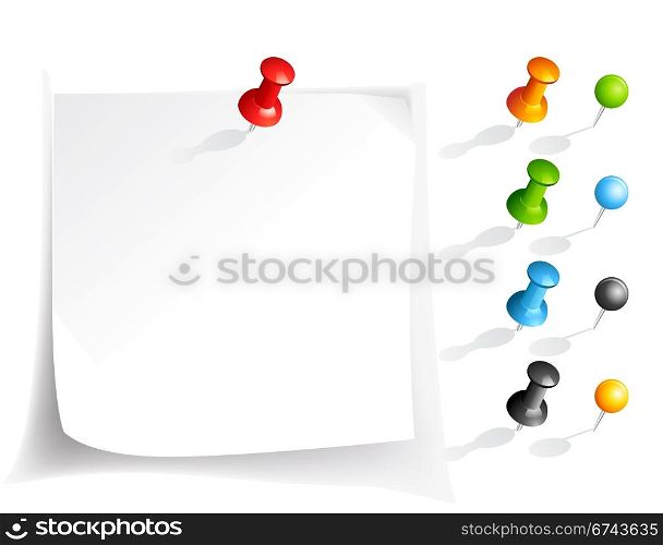 Vector note paper and pins. Vector note paper and pins in various colors