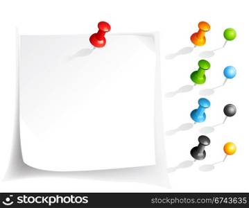 Vector note paper and pins. Vector note paper and pins in various colors
