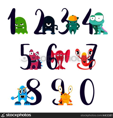 Vector numbers for happy birthday with cute cartoon monsters isolated on white background. Illustration of birthday number age with monsters. Vector numbers for happy birthday with cute cartoon monsters isolated on white background