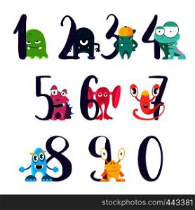 Vector numbers for happy birthday with cute cartoon monsters isolated on white background. Illustration of birthday number age with monsters. Vector numbers for happy birthday with cute cartoon monsters isolated on white background