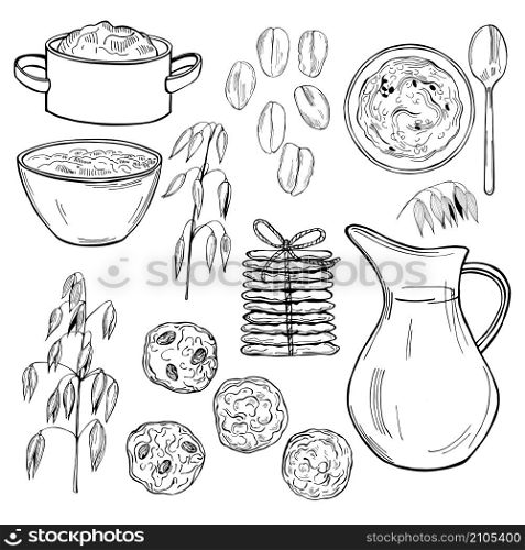 Vector oatmeal set. Porridge, cookies. Hand drawn sketch illustration. Vector oatmeal set. Porridge, cookies.
