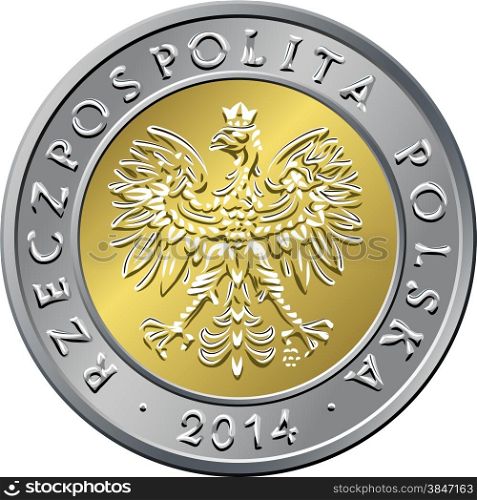 vector obverse Polish Money five zloty gold and silver coin with eagle in a golden crown. obverse Polish Money five zloty coin