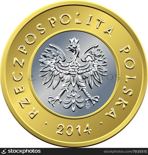vector obverse Polish Money two zloty coin with eagle in a golden crown. obverse Polish Money two zloty coin