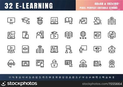 Vector of 32 E-Learning Online Education Line Outline Icon Set. 48x48 Pixel Perfect Editable Stroke.