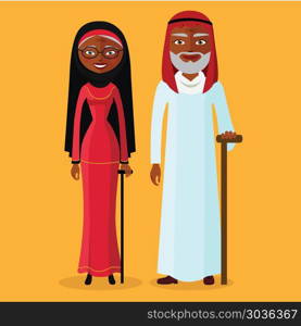 Vector of arab adult man and woman. Illustration arab old people. Vector of arab adult man and woman. Illustration arab old people standing together and happy. Muslim Grandmother and grandfather.