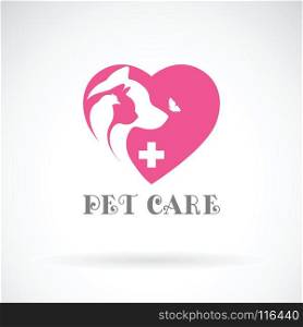 Vector of bird, cat, dog and butterfly in pink heart shape on white background. Veterinary icon with pet. Pet Care. Banners Animal. Easy editable layered vector illustration.