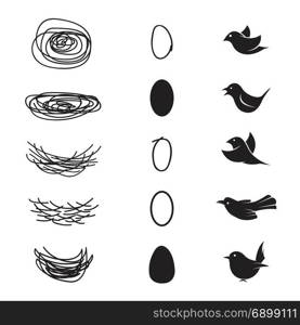 Vector of bird&rsquo;s nest and eggs and birds on white background.