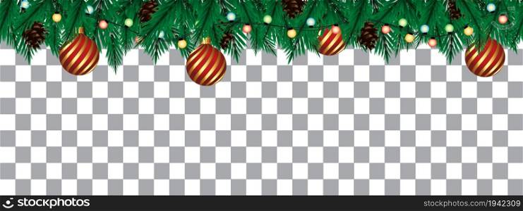 Vector of Christmas border with fir branches pine cones berries and lights on grey checkered for holiday festival celebration background