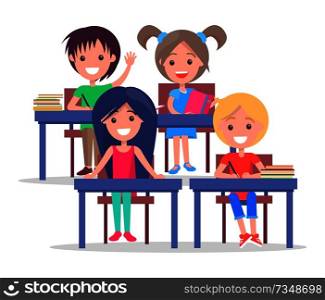 Vector of classmates sitting at desks with piles of books, back to school concept. Happy schoolchildren in classroom isolated on white background. Happy Schoolchildren in Classroom Isolated on White