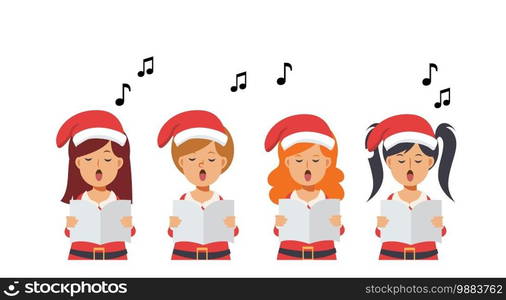 Vector of cute Cartoon character , group of girls are singing Christmas carols. Merry christmas. illustrations Isolated on white background.