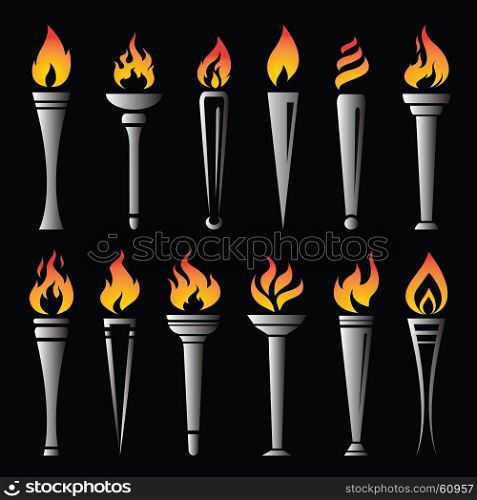 Vector of fire torch victory champion on black background. Flame icons set.