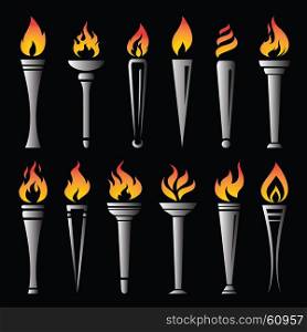 Vector of fire torch victory champion on black background. Flame icons set.