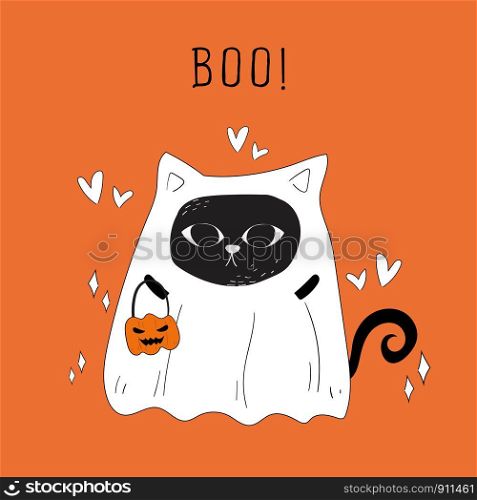vector of Halloween ghost cat and pumpkins doodle.