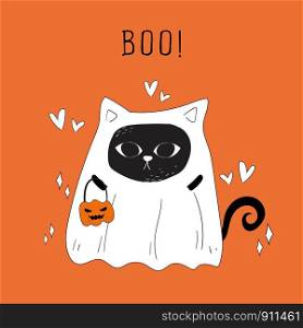 vector of Halloween ghost cat and pumpkins doodle.