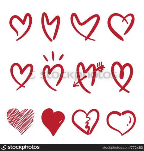 Vector of hand drawn doodle style heart isolated on white background. group red heart. Easy editable layered vector illustration.