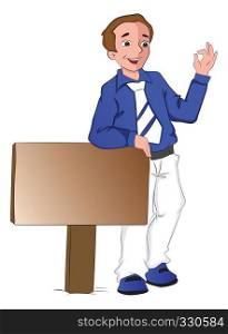Vector of happy businessman leaning on signboard, showing ok sign.