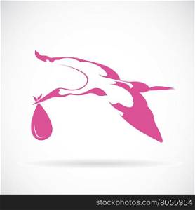Vector of stork carrying a baby in its beak on white background.
