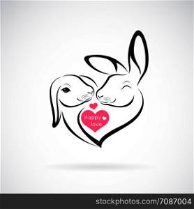 Vector of two rabbit head design and heart on white background. Wild Animals. Rabbit logo or icon. Happy in love. Expression of love. Easy editable layered vector illustration.