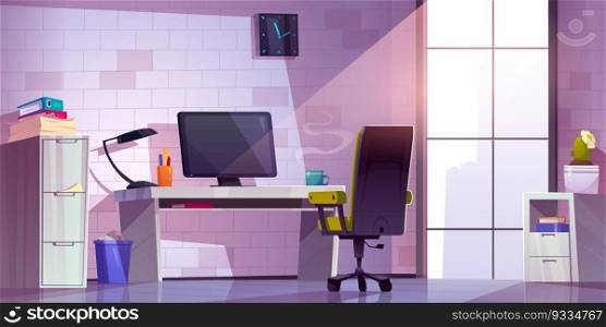Vector office interior room with modern desk cartoon furniture illustration. Workplace on table with computer, mug, coffee cup and bin near drawers. Light ray from window in cabinet indoor scene. Vector office interior room with desk cartoon