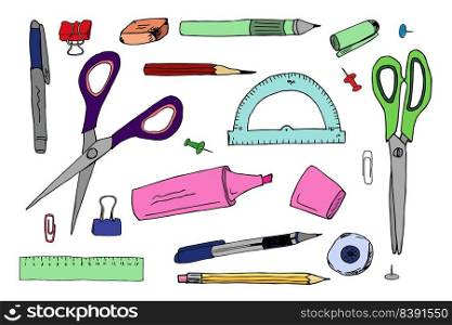 Vector office supplies clipart set. Hand drawn back to school illustration